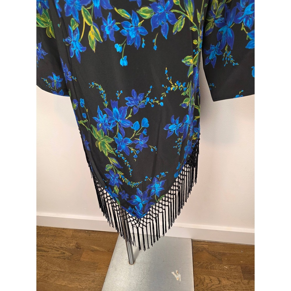 Maggie Sweet Black Blue Floral Tassel Drape Neck 3/4 Sleeve Tunic Top Large - Picture 4 of 7